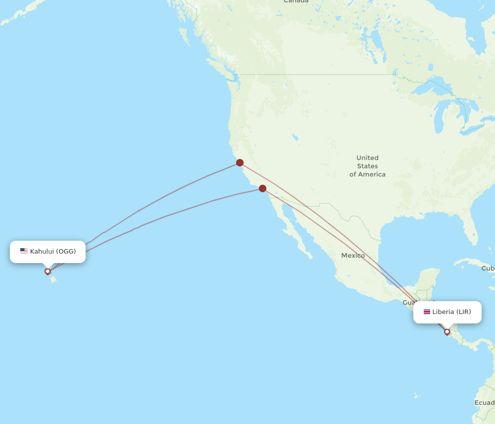 LIR to OGG flights and routes map