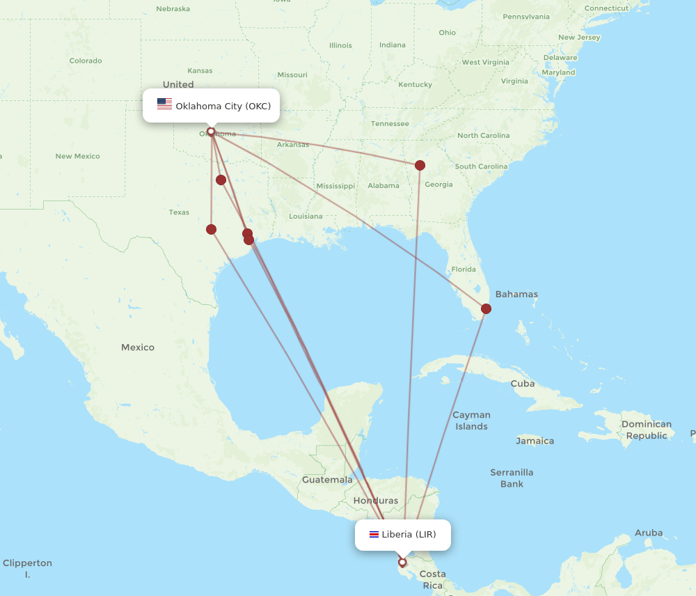 LIR-OKC flight routes