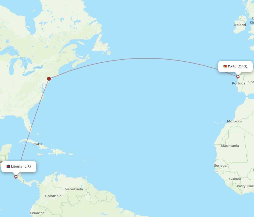 LIR to OPO flights and routes map
