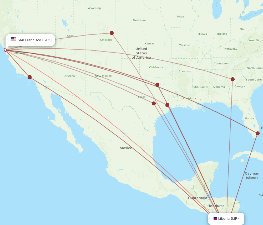 LIR to SFO flights and routes map