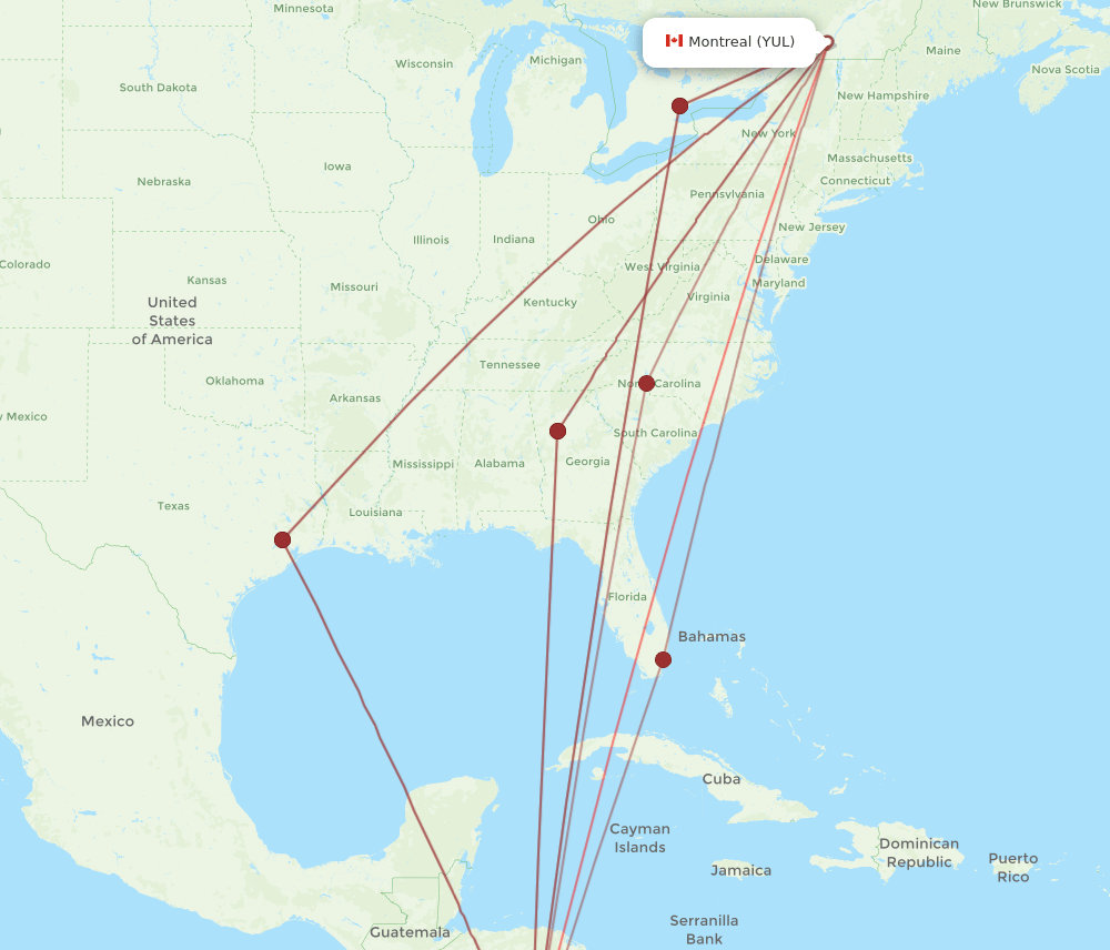 LIR to YUL flights and routes map