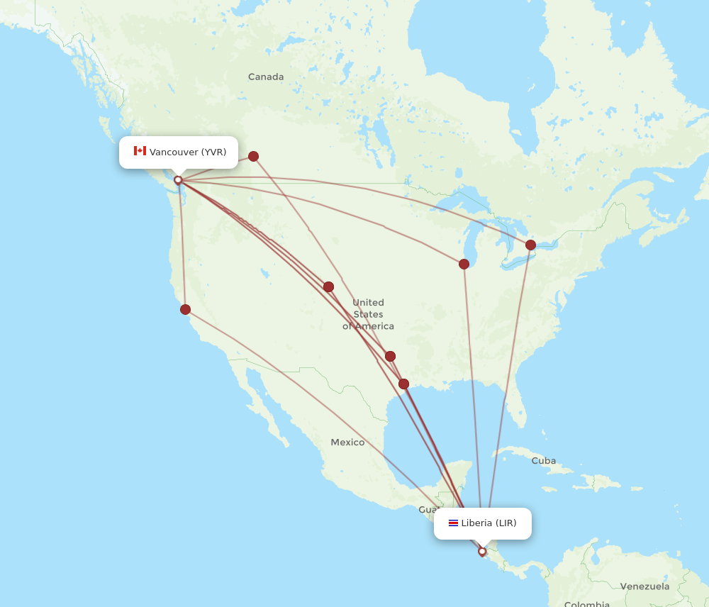 YVR to LIR flights and routes map