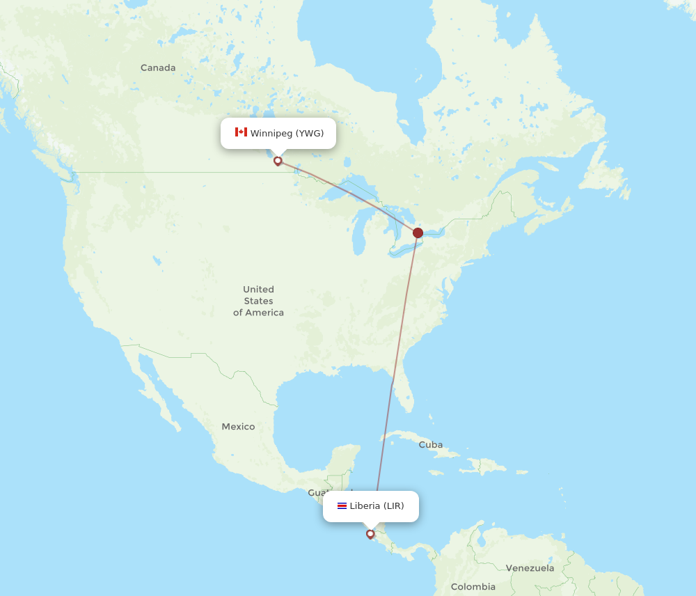 YWG to LIR flights and routes map