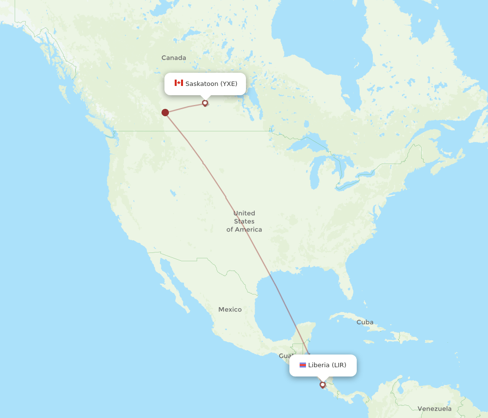 LIR to YXE flights and routes map