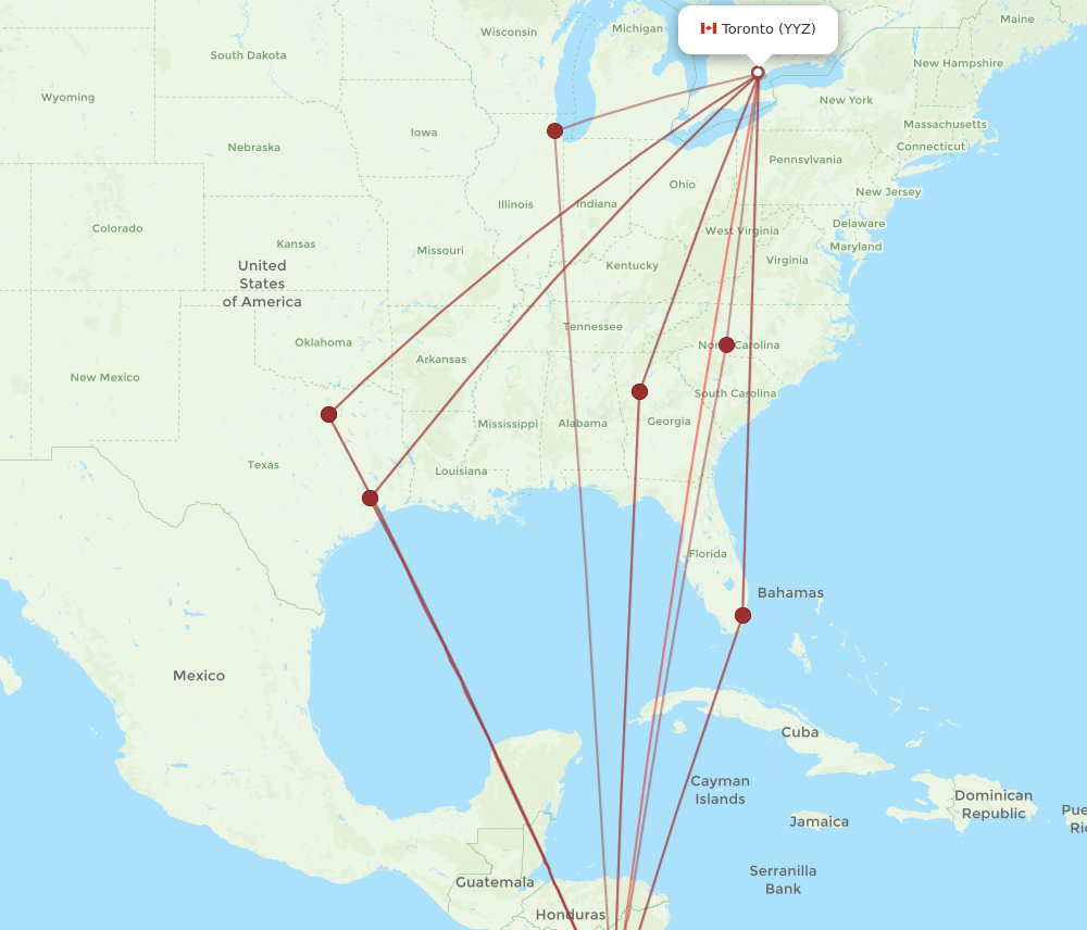 LIR to YYZ flights and routes map