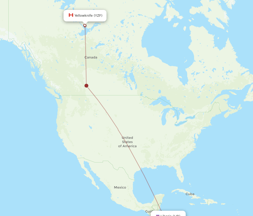 Yellowknife - Guanacaste route map and flight paths