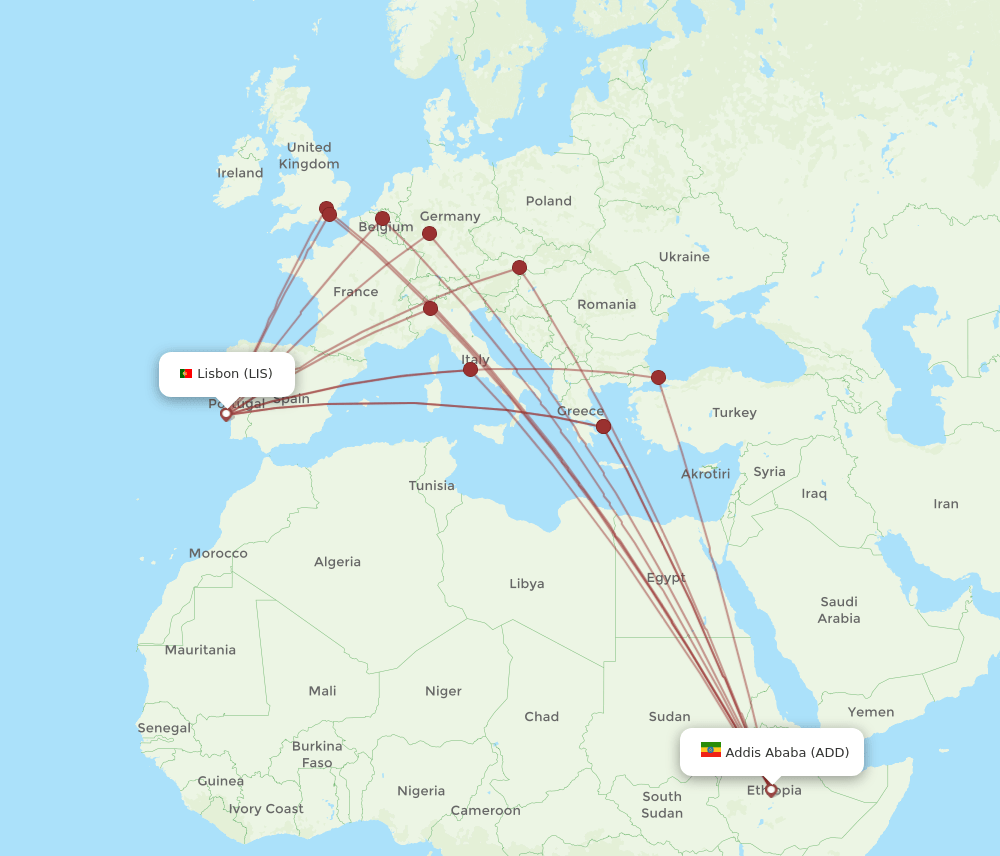 LIS to ADD flights and routes map