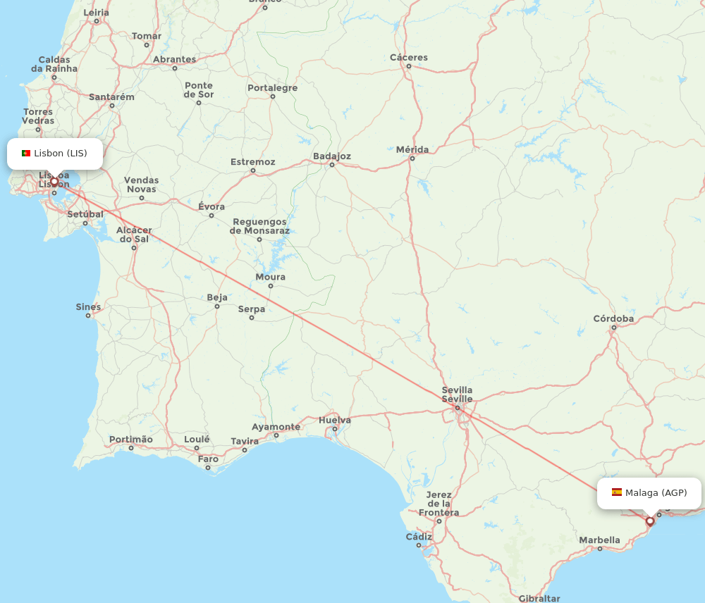 Lisbon - Malaga route map and flight paths