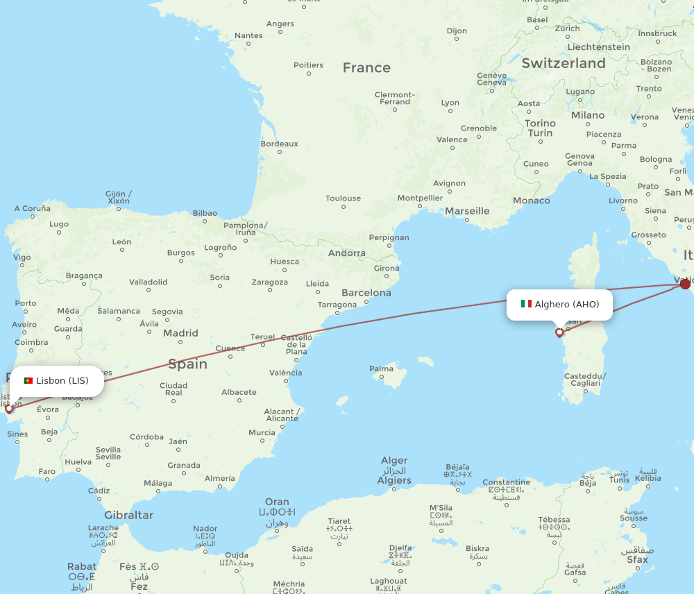LIS-AHO flight routes
