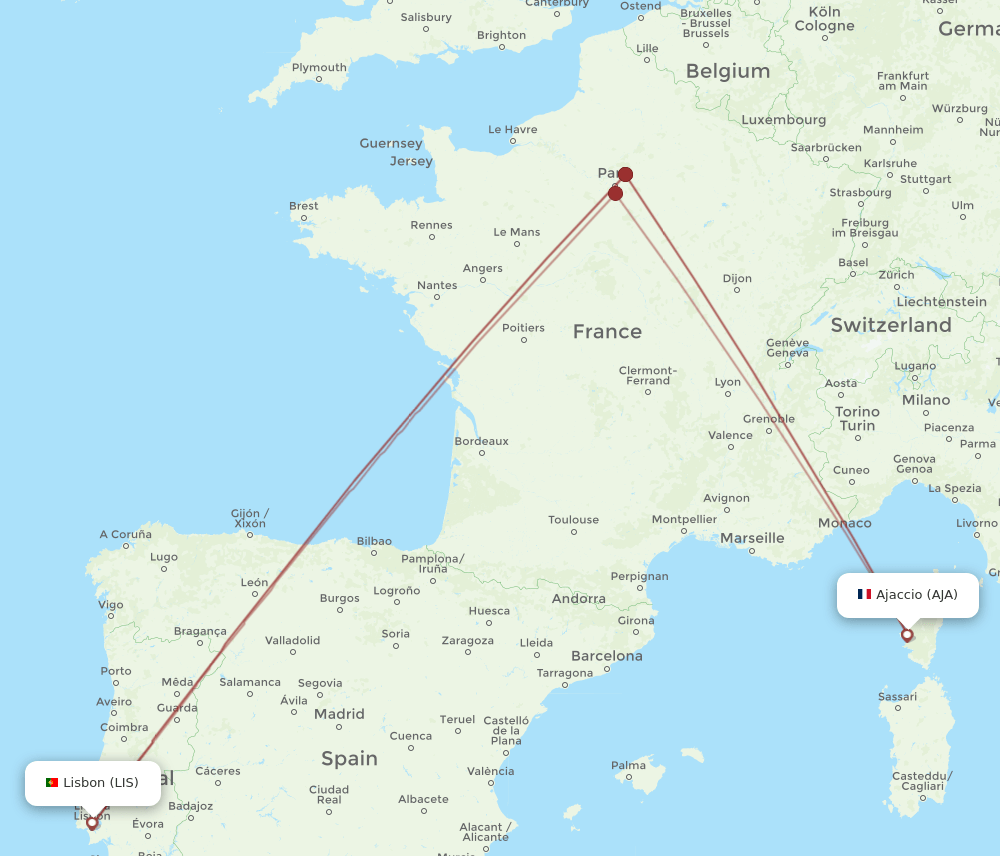 LIS to AJA flights and routes map