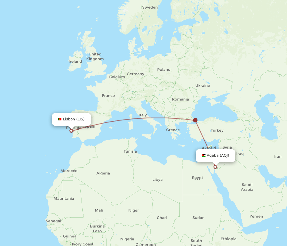 LIS to AQJ flights and routes map
