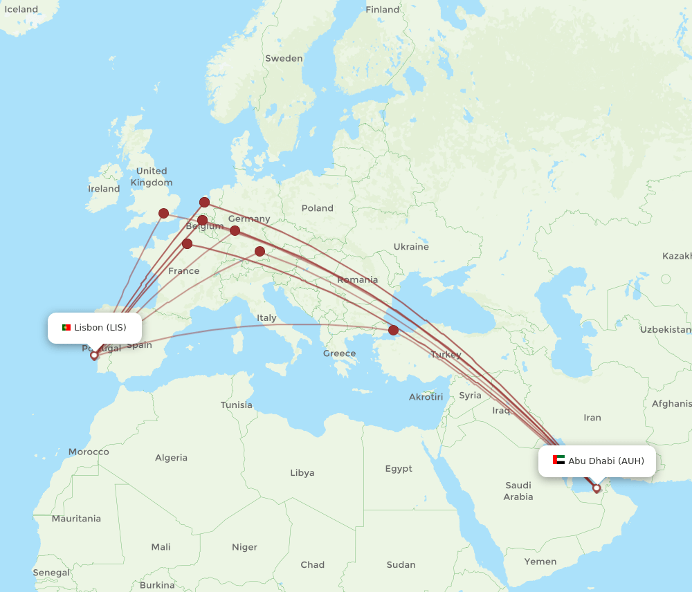 LIS to AUH flights and routes map