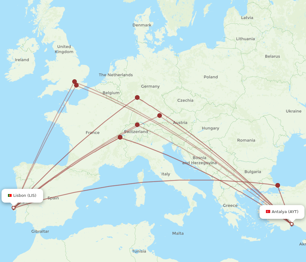 LIS to AYT flights and routes map