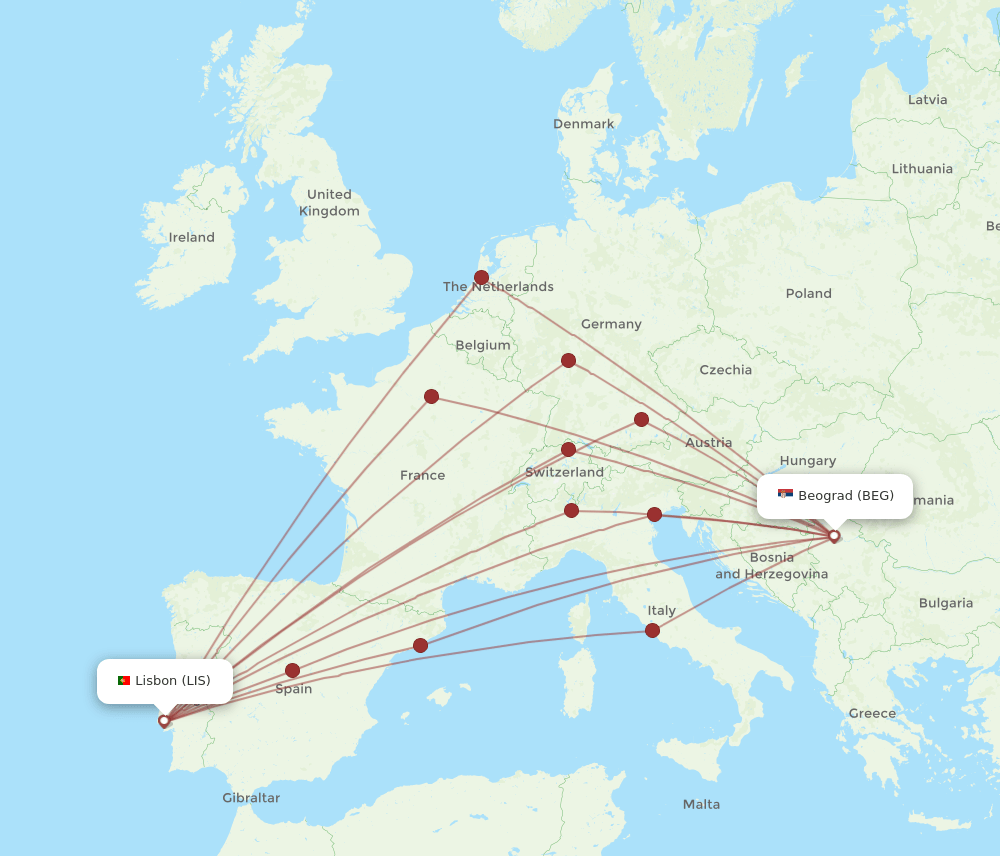 LIS to BEG flights and routes map