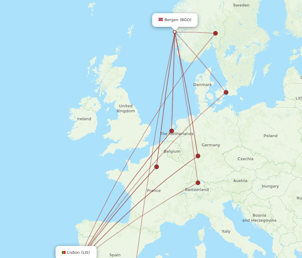 LIS to BGO flights and routes map