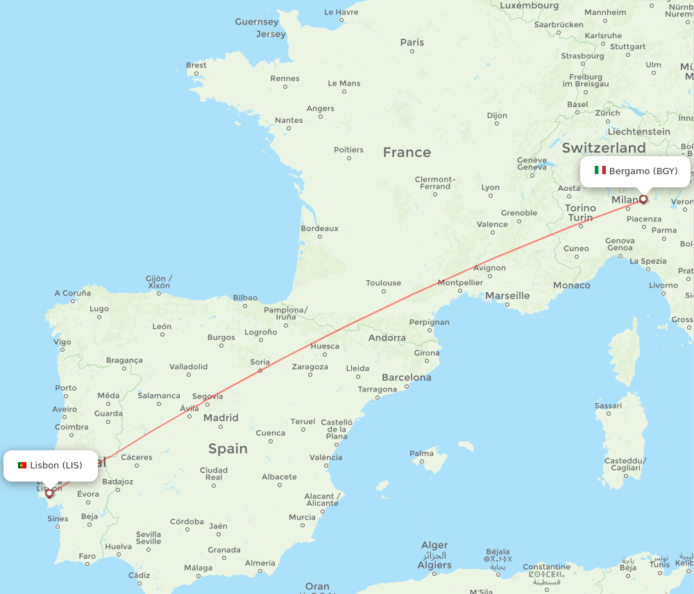 Lisbon - Milan route map and flight paths