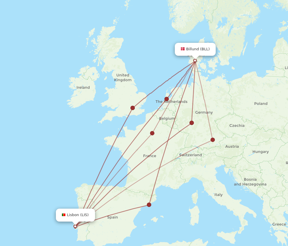 LIS to BLL flights and routes map