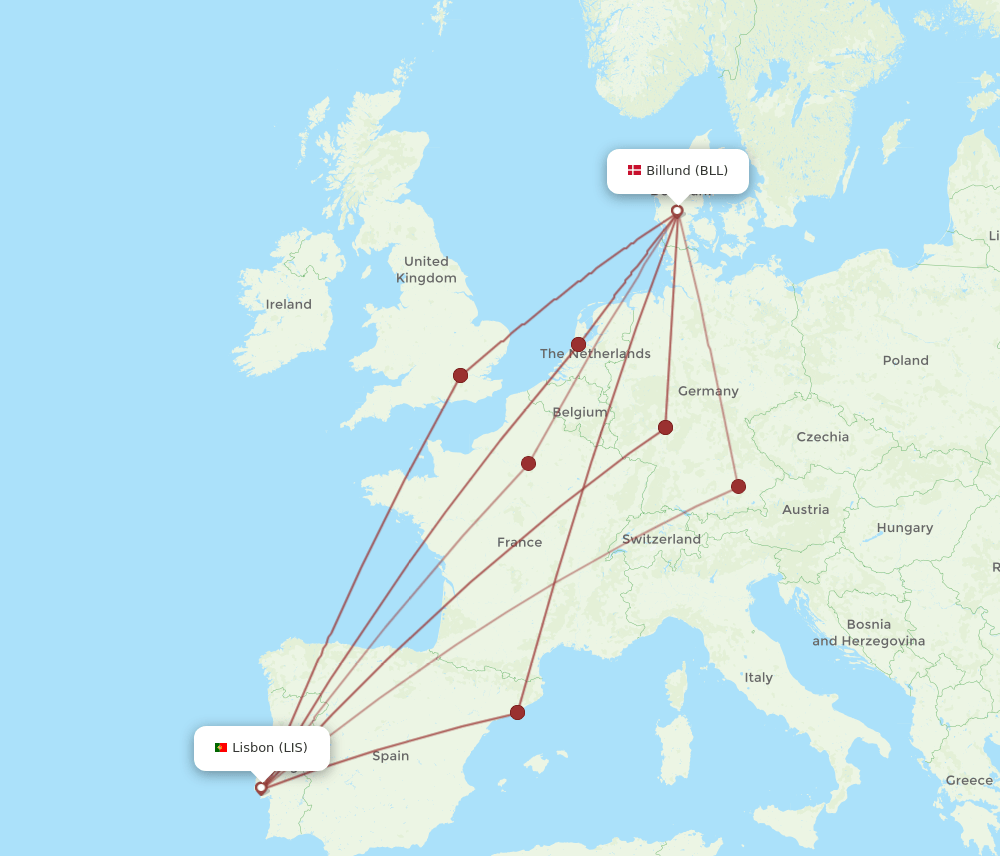 LIS to BLL flights and routes map