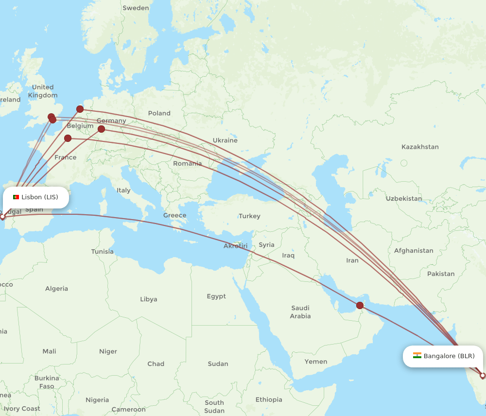LIS to BLR flights and routes map