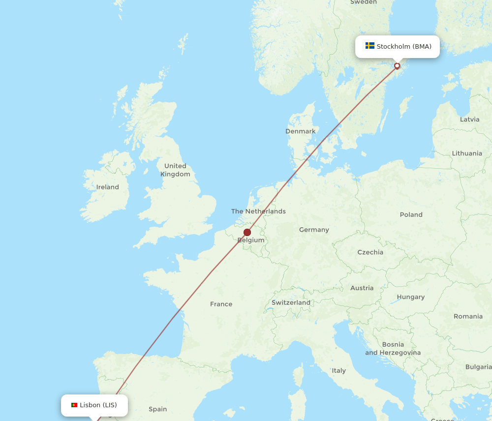 Lisbon - Stockholm route map and flight paths