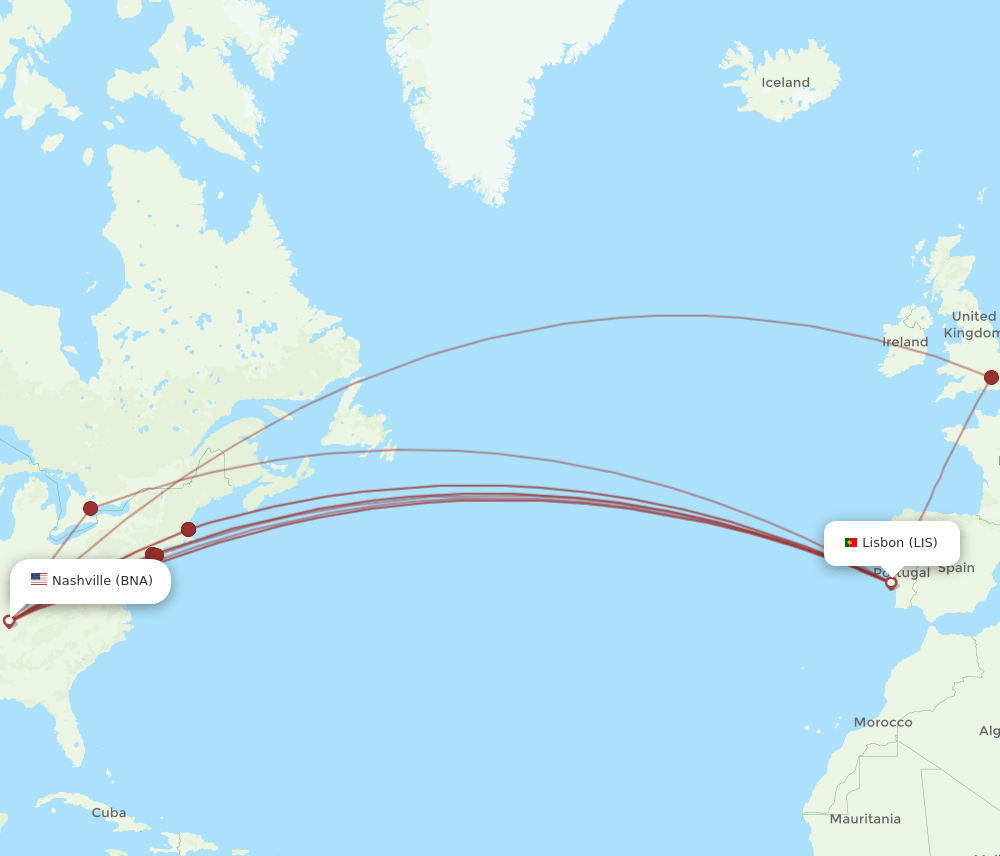 LIS-BNA flight routes