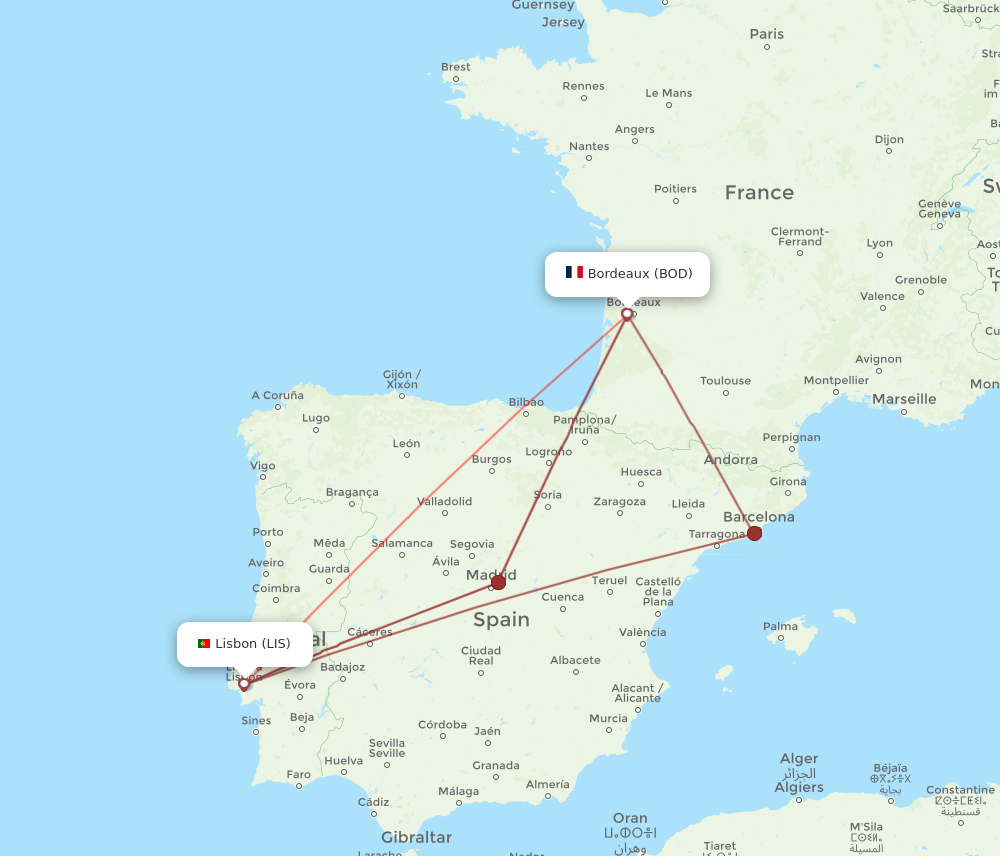 LIS to BOD flights and routes map