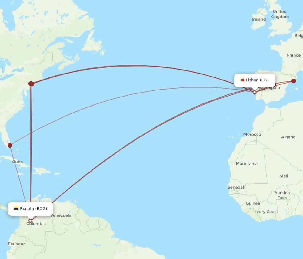 LIS to BOG flights and routes map