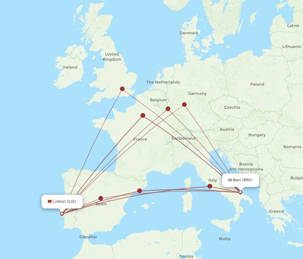 LIS to BRI flights and routes map