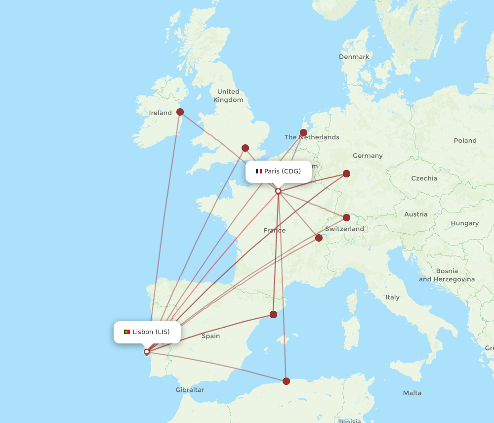 LIS to CDG flights and routes map