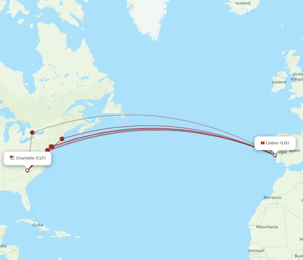 LIS-CLT flight routes