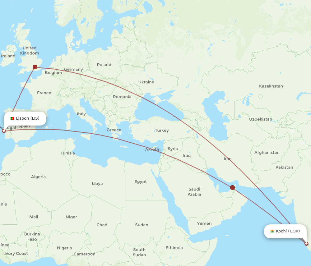 LIS-COK flight routes