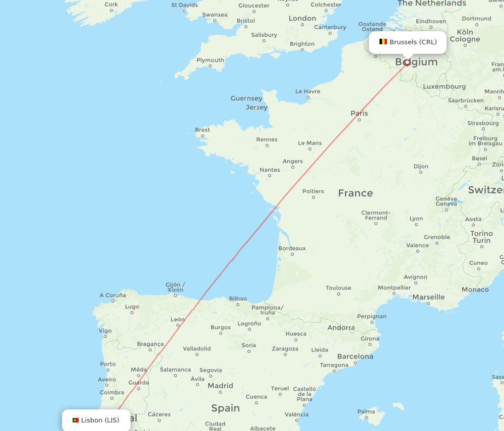 Lisbon - Brussels route map and flight paths
