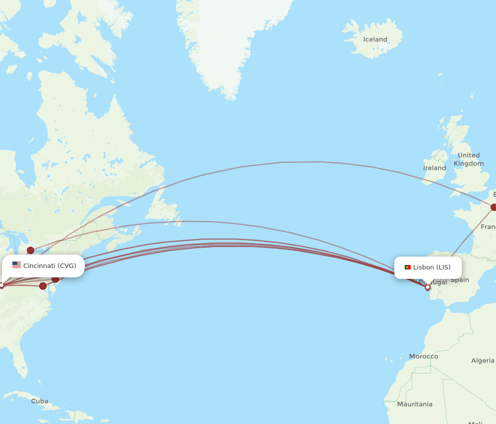 LIS-CVG flight routes