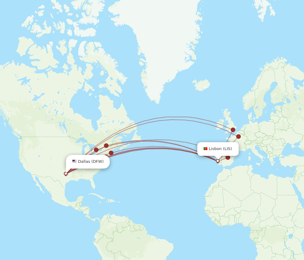 LIS-DFW flight routes