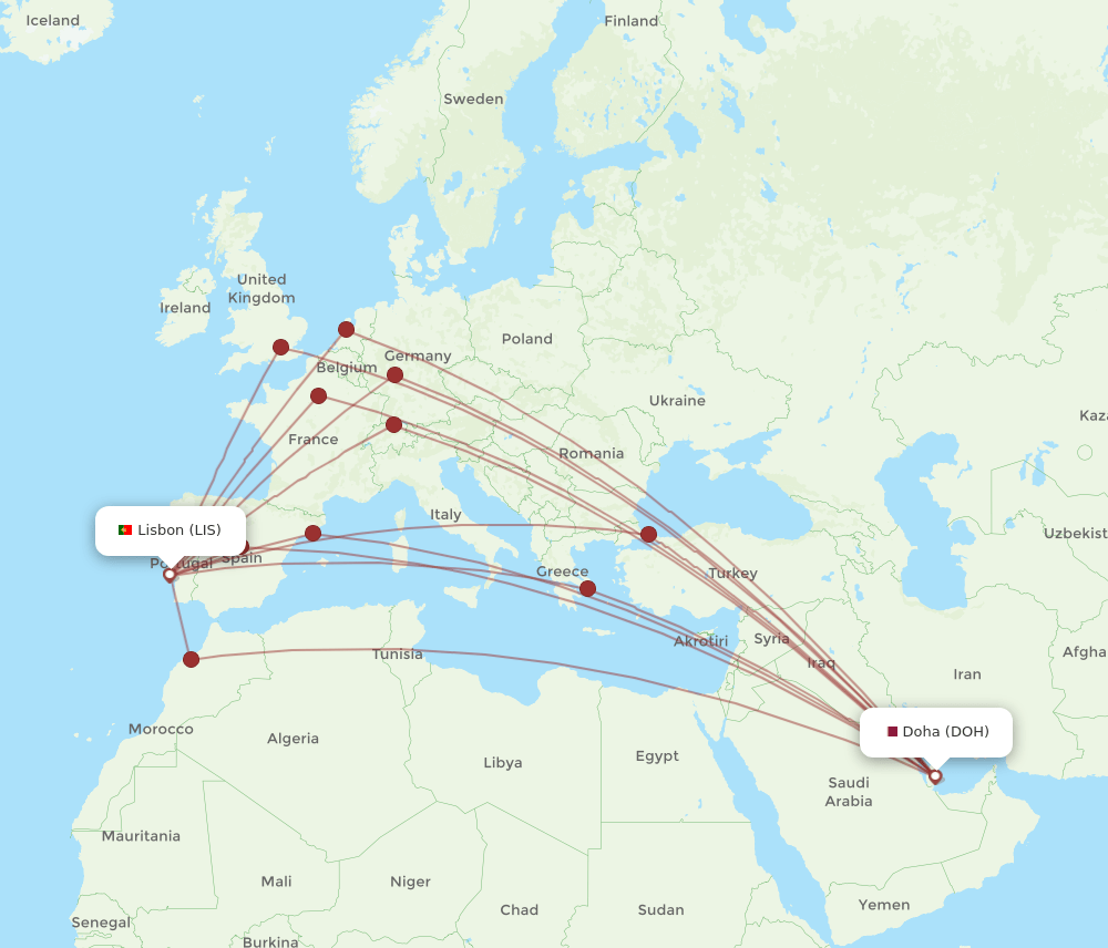 LIS-DOH flight routes