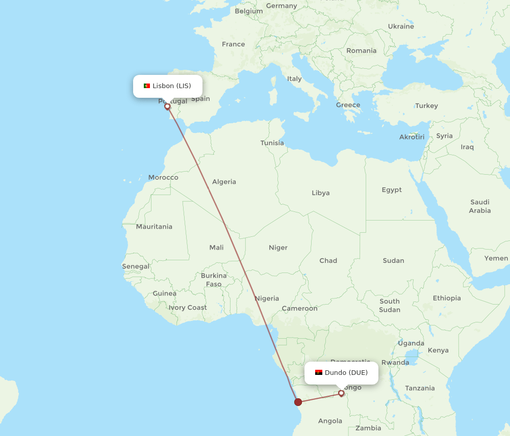 Lisbon - Dundo route map and flight paths