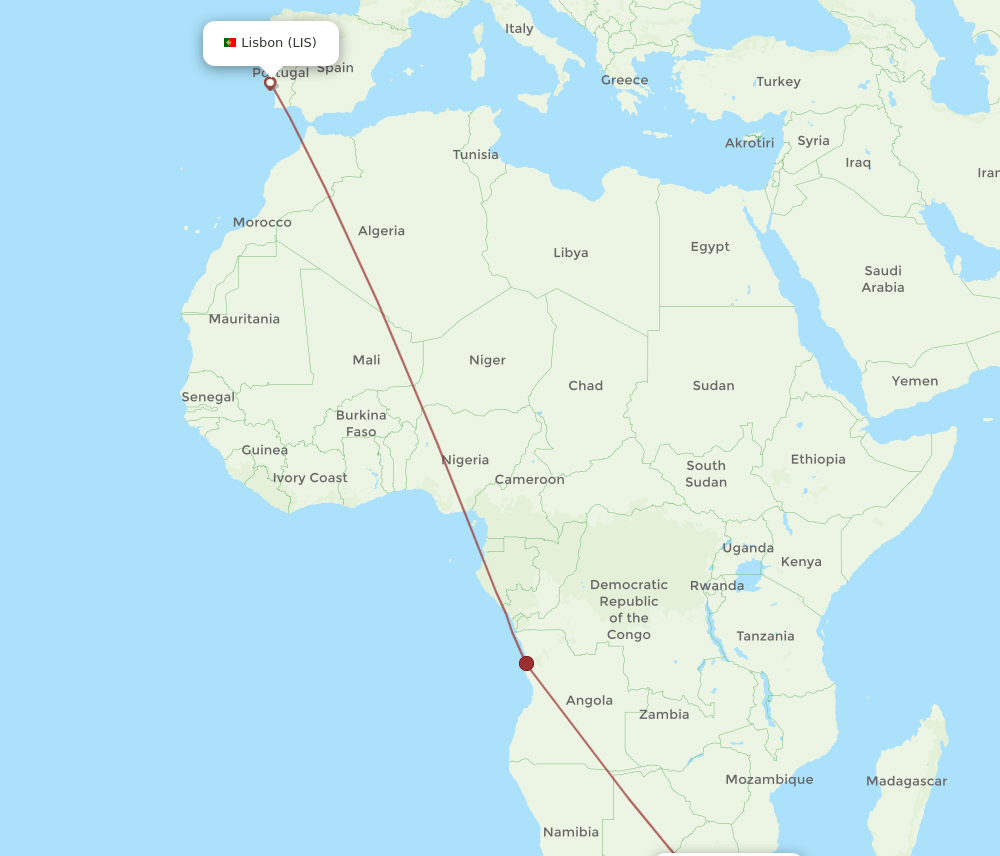 LIS to DUR flights and routes map