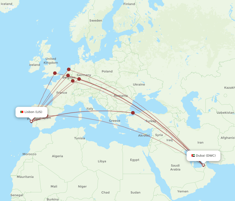 LIS to DWC flights and routes map