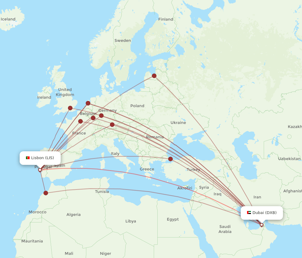 LIS-DXB flight routes