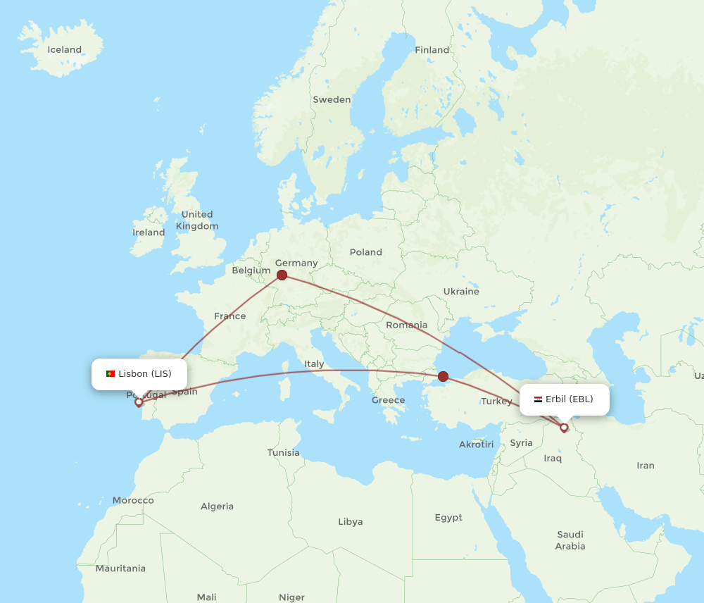 LIS to EBL flights and routes map