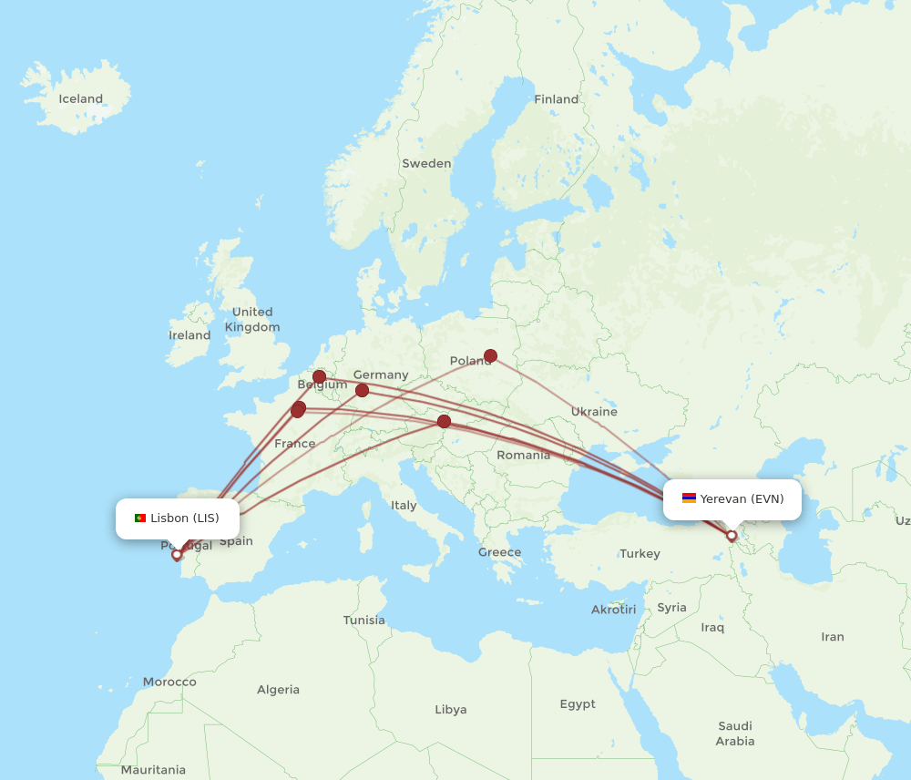 LIS-EVN flight routes