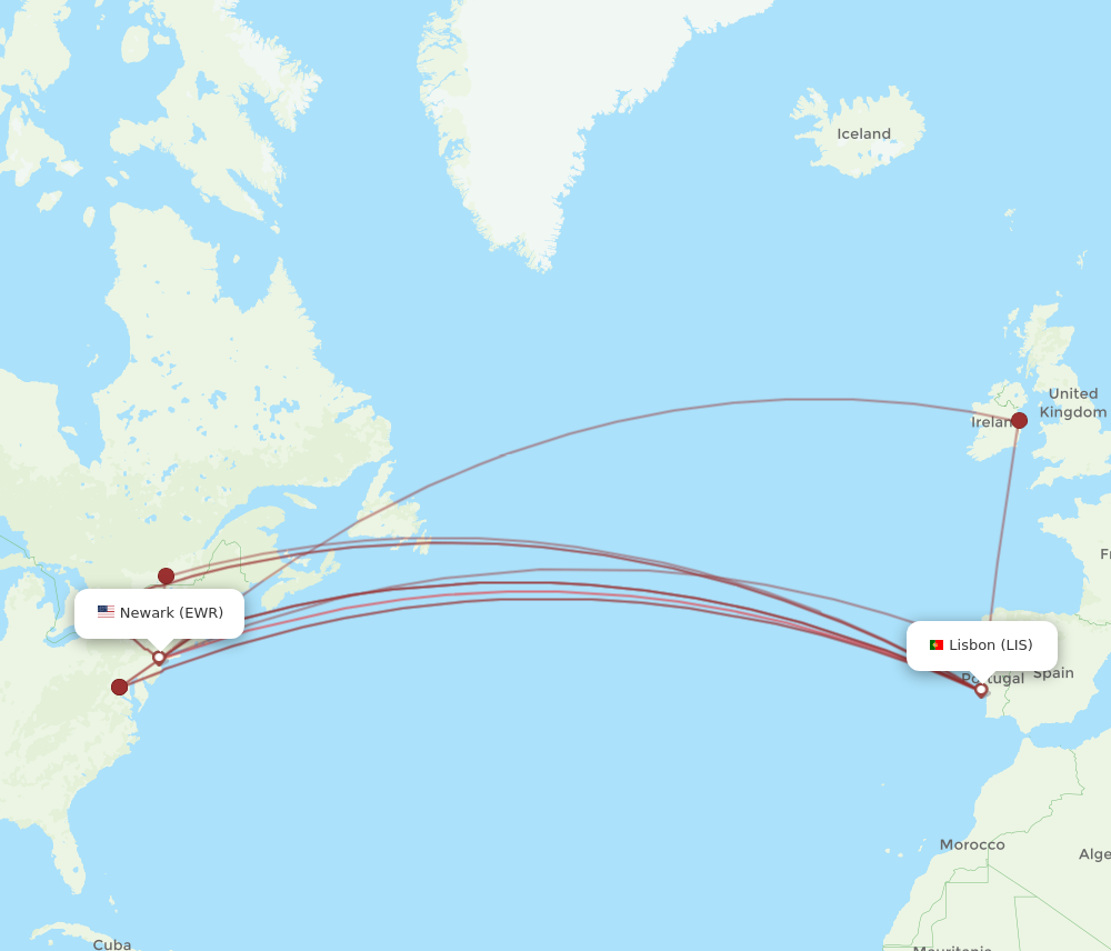 LIS to EWR flights and routes map