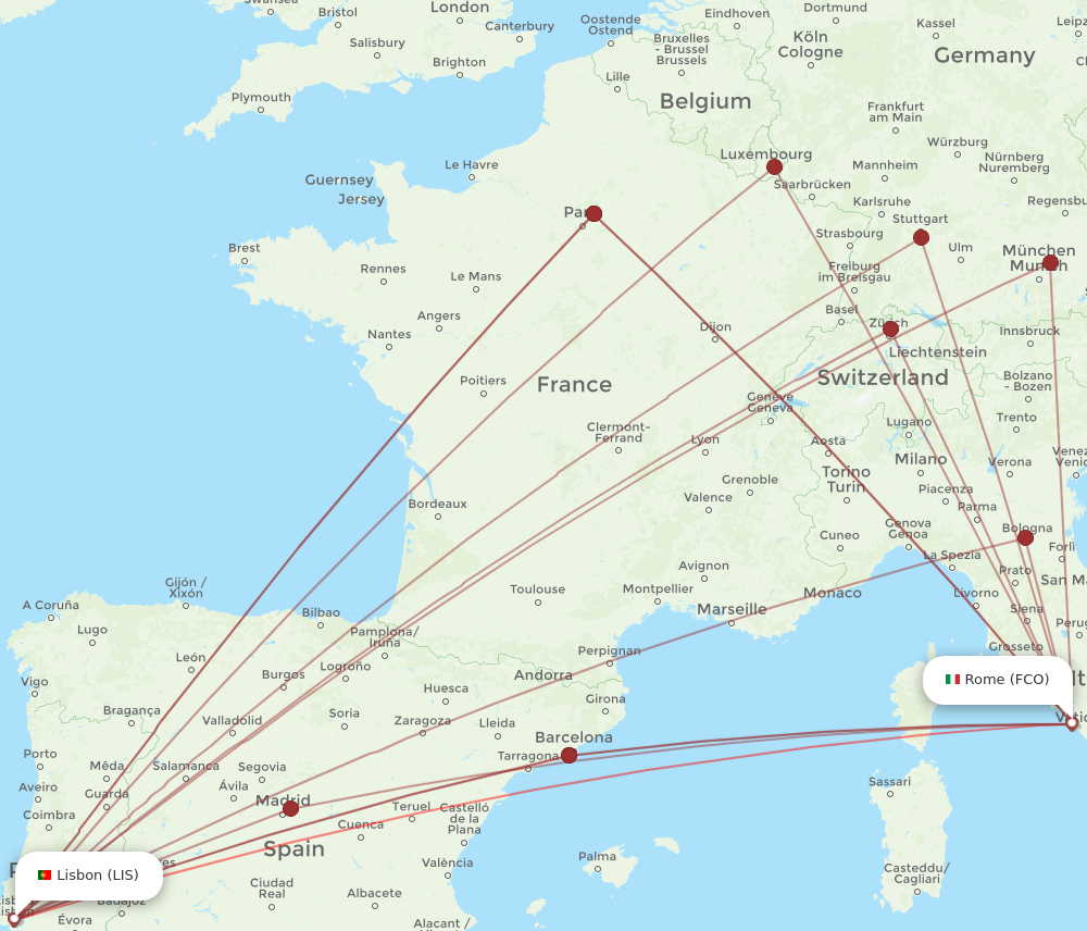 LIS to FCO flights and routes map