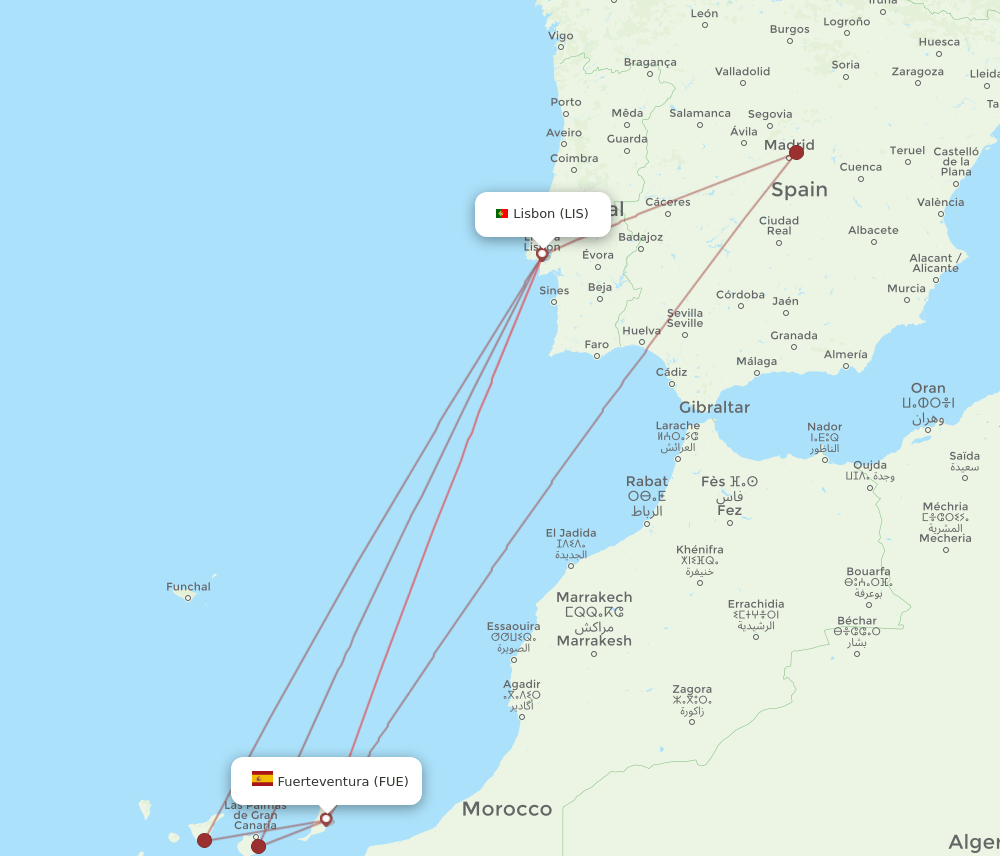 LIS-FUE flight routes