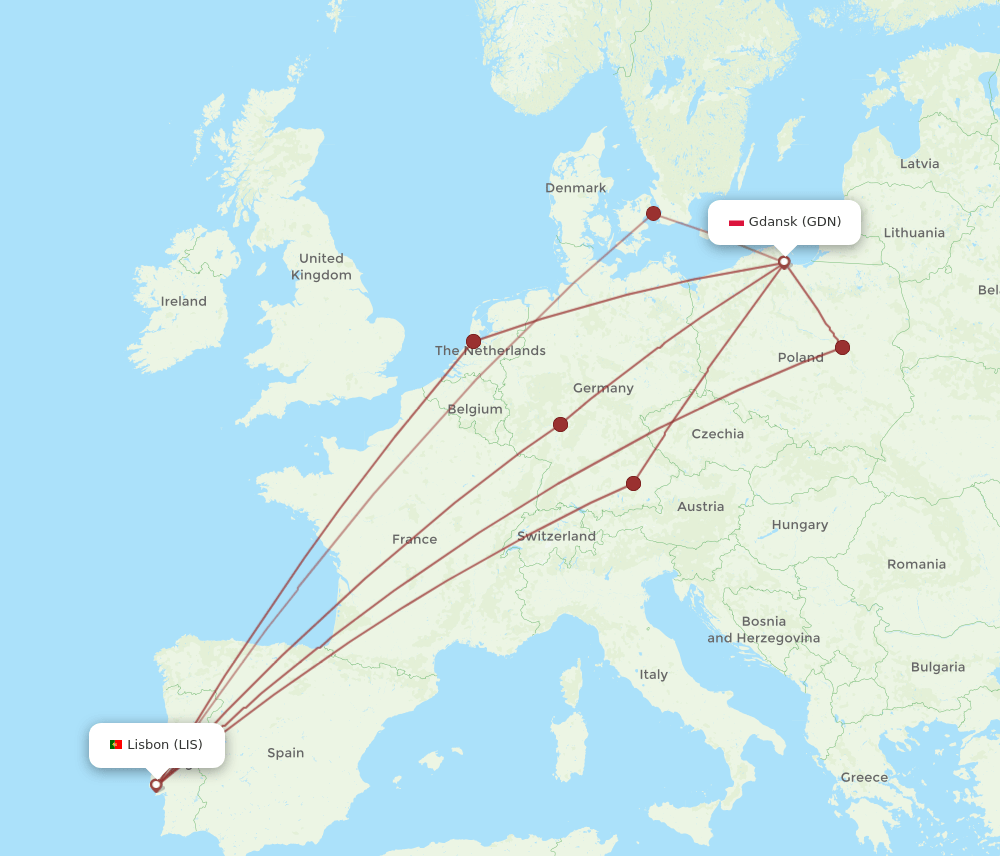 LIS-GDN flight routes