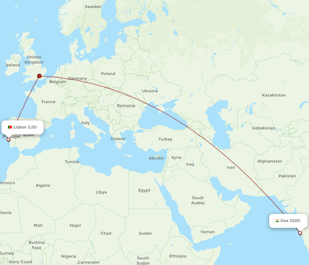 Lisbon - Goa route map and flight paths