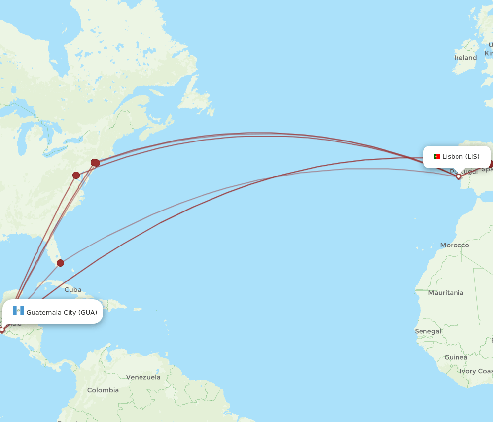 LIS to GUA flights and routes map