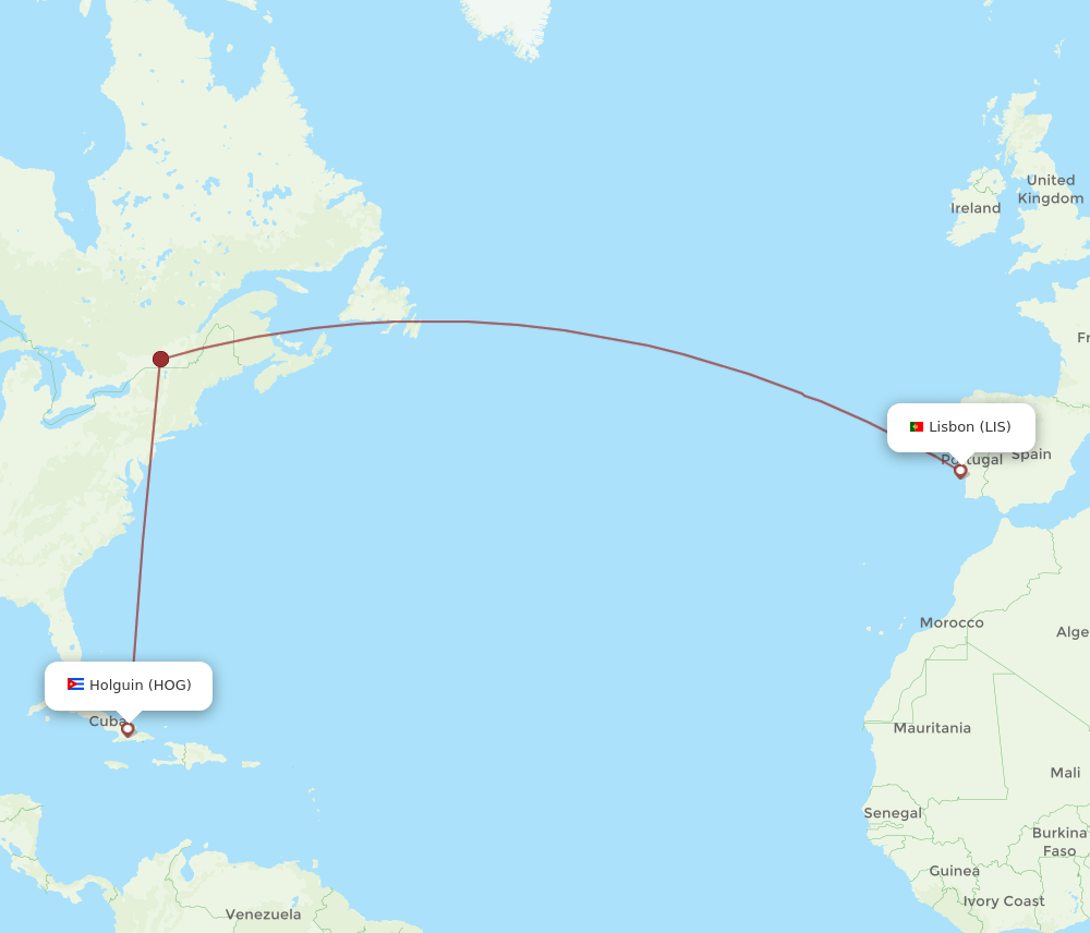 LIS to HOG flights and routes map