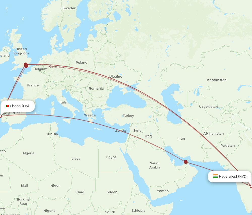 LIS-HYD flight routes