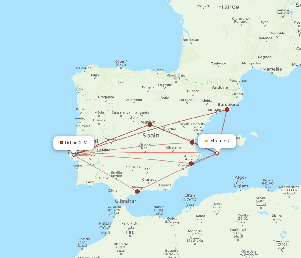LIS to IBZ flights and routes map